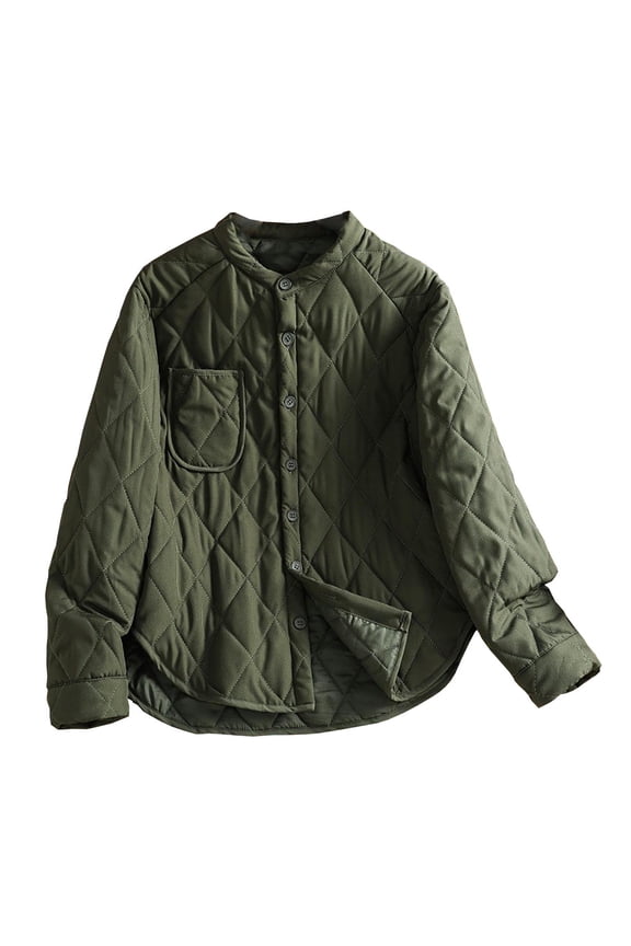 Women's Olive Green Quilted Jacket, Long Sleeve Loose Casual Winter Coat - Warm Outerwear Green 2XL
