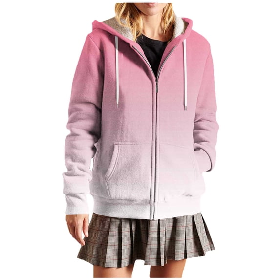 Uaswgudfs Women's Ombre Zip-Up Hoodie, Long Sleeve Drawstring Casual Jacket with Pockets - Trendy Outerwear Pink 2XL