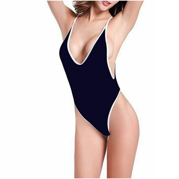 Uaswgudfs Women's One-Piece Swimsuit with Deep V-Neckline & Side Slit Design | Form-Fitting Cut, Thin Straps, Smooth Stretch Fabric Swimwear Bathing Suit Black L