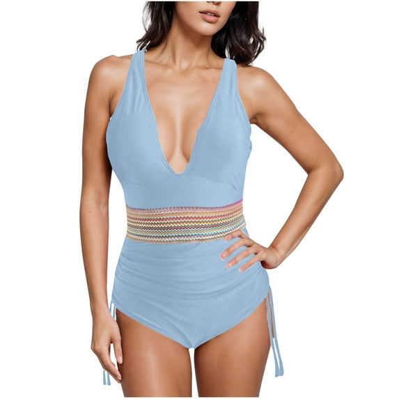Uaswgudfs Women's One-Piece Swimsuit Featuring a Deep V-Neckline, Adjustable Side Strings, and a Decorative Waistband Light Blue XL