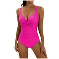 thumbnail image 1 of Uaswgudfs Women's One-Piece Swimsuit with Geometric Crossover Detail and Deep V-Neckline - Streamlined Design for Modern Beach or Poolside Style Hot Pink L, 1 of 4