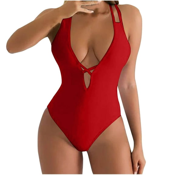 Uaswgudfs Women's One-Piece Swimsuit with Cross-Strap Deep V-Neckline, Form-Fitting Sleeveless Design for Pool/Beach Bathing Suits Red S