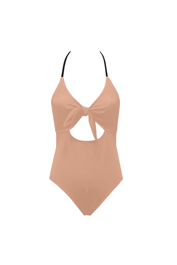 Women's One-Piece Swimsuit with Hollow-Out Cutout & Adjustable Halter Straps, Form-Fitting Design for Active Swim Days Khaki 2XL