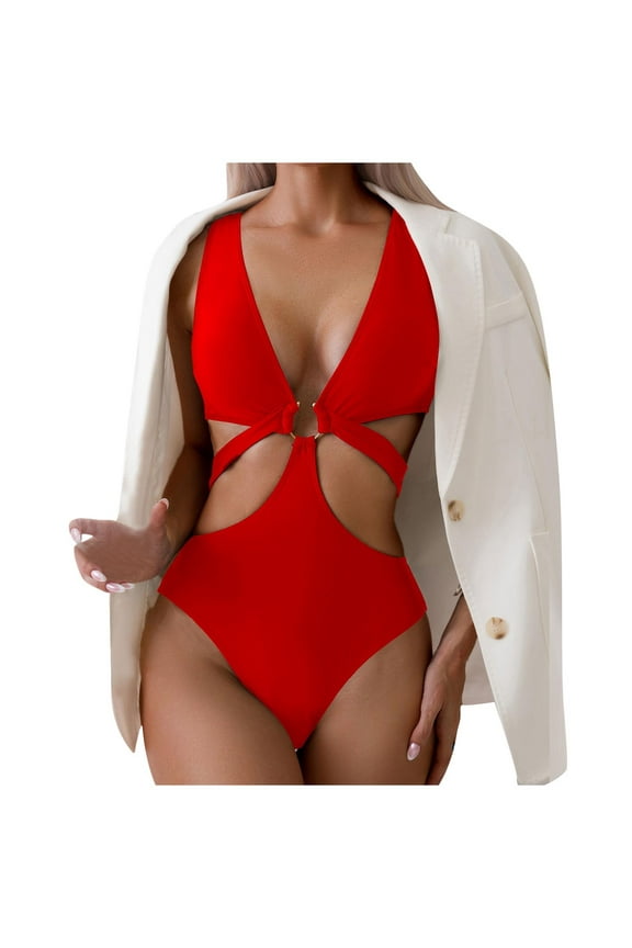 Women's One-Piece Swimsuit with Plunge Neckline and Ruched Sides in Form-Fitting Stretch Fabric for Beach Pool Ready Red XL
