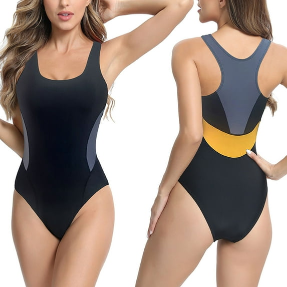 Uaswgudfs Women's One-Piece Swimsuit with Side Panel Detailing and Form-Flattering Silhouette, Crafted from Smooth Stretch Fabric Black L