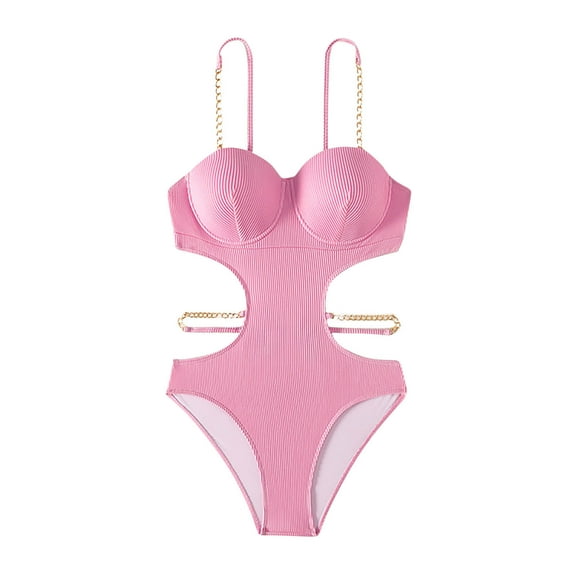 Uaswgudfs Women's One-Piece Swimsuit with Underwire Support, Side Cutouts, Decorative Chains, and Lower Cutouts for Pool Beachwear Pink M