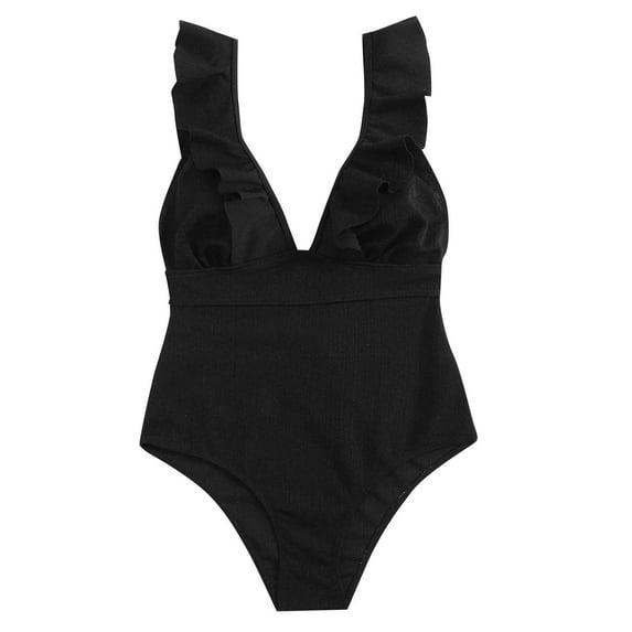 Uaswgudfs Women's One-Piece Swimwear with Deep Plunge Neckline, Ruffled Shoulder Accents, Stretch-Fit Design, and Flattering Silhouette for Pool Bathing Suits Black L