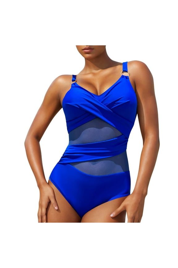 Womens One-Piece Swimsuit with Crossover Neckline & Ruffled Shoulder Straps, Form-Fitting Elastic Swimwear Blue M