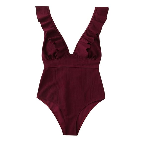 Uaswgudfs Women's One-Piece Swimwear with Deep Plunge Neckline, Ruffled Shoulder Accents, Stretch-Fit Design, and Flattering Silhouette for Pool Bathing Suits Wine M