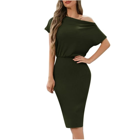 Uaswgudfs Women's One-Shoulder Short Sleeve Midi Dress - Modern Cinched Waist & Versatile Chic for Summer Casual Occasions Army Green L