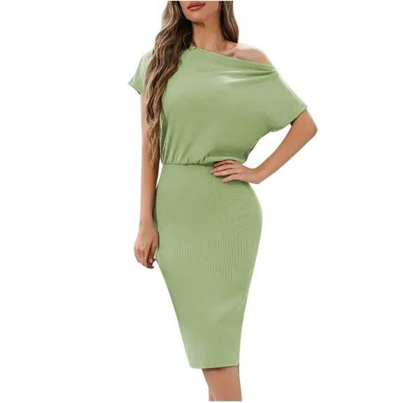 Uaswgudfs ​Women's One-Shoulder Short Sleeve Midi Dress - Modern Cinched Waist & Versatile Chic for Summer Casual Occasions Mint Green S