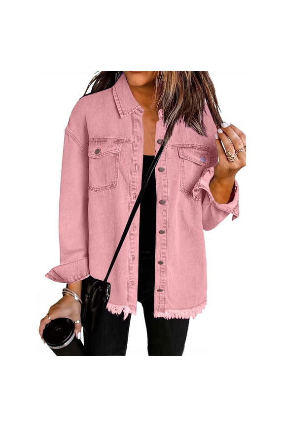 Women’s Oversized Button Up Frayed Hem Shacket Long Sleeve Pockets Denim Jean Jacket