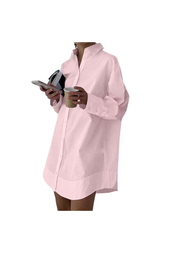 Women's Oversized Longline Shirt Dress Casual Lapel Button Down Maxi Top with Pockets Long Sleeve Loose Fit Cover Up for Spring Summer Daily Vacation