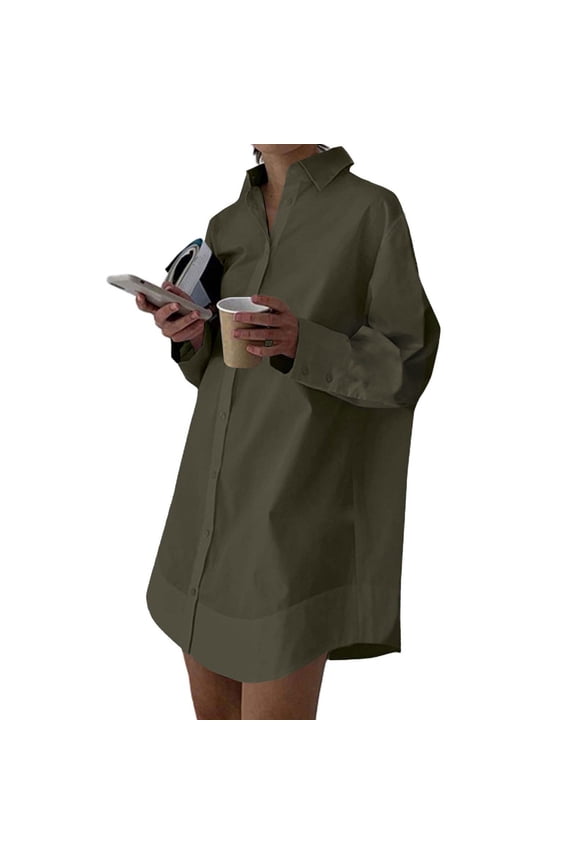 Women's Oversized Longline Shirt Dress Casual Lapel Button Down Maxi Top with Pockets Long Sleeve Loose Fit Cover Up for Spring Summer Daily Vacation
