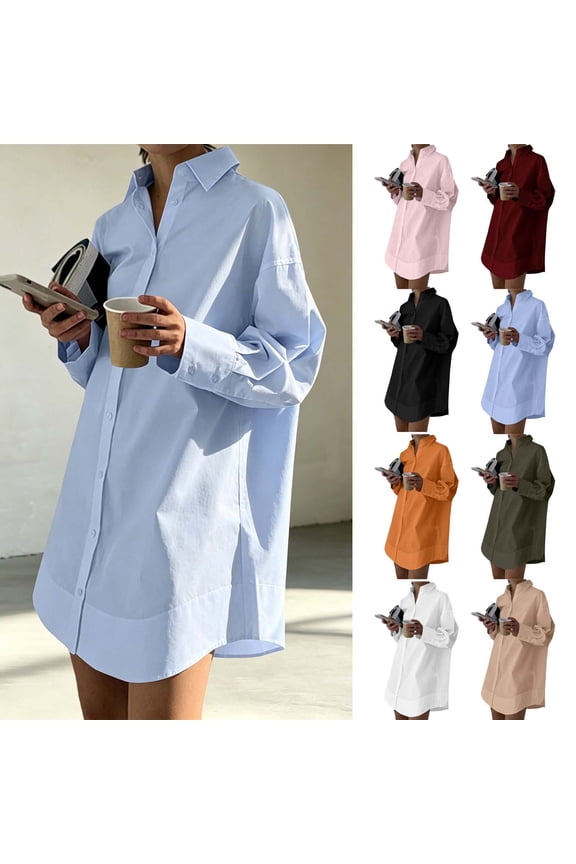 Women's Oversized Longline Shirt Dress Casual Lapel Button Down Maxi Top with Pockets Long Sleeve Loose Fit Cover Up for Spring Summer Daily Vacation