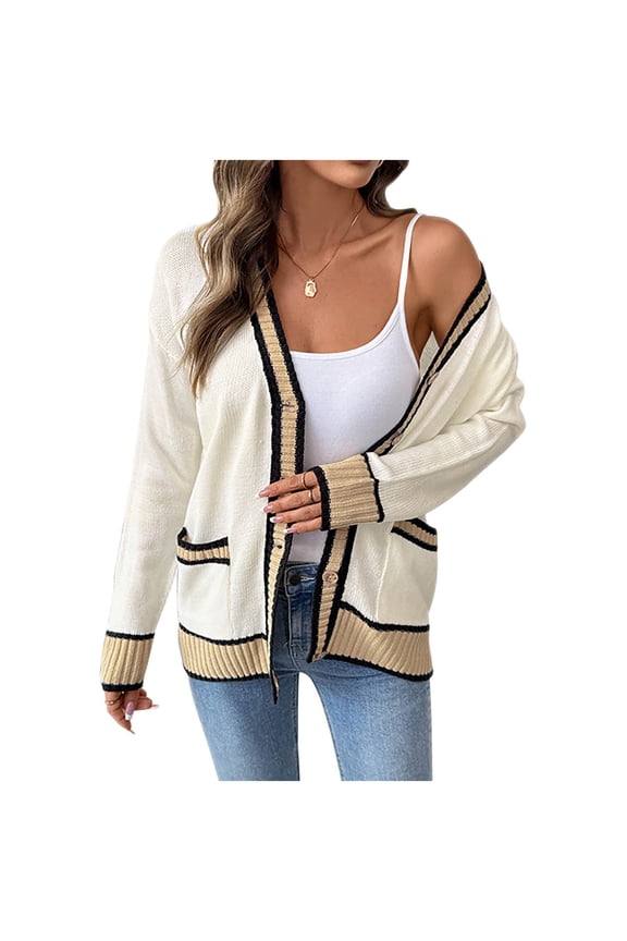 Women's Oversized V-Neck Color Block Cardigan Sweater, Nylon Spandex Knit Open Front Casual Top for Women – Walmart Trendy Layering Fashion Essential Beige S