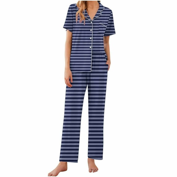 Uaswgudfs Women's Pajamas Sets 2 piece Srtipe PJs Collared Casual Short Sleeve Sleepwear Comfy Pants Loungewear with Pocket 2025