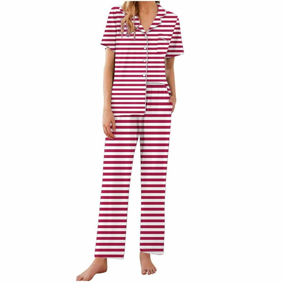 Uaswgudfs Women's Pajamas Sets 2 piece Srtipe PJs Collared Casual Short Sleeve Sleepwear Comfy Pants Loungewear with Pocket 2025