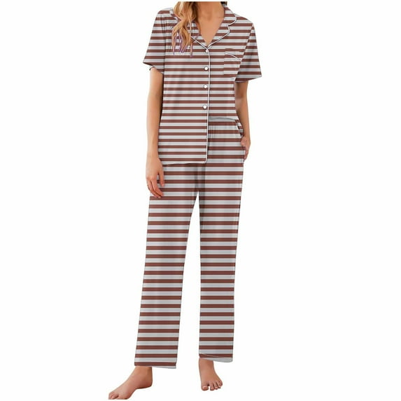 Uaswgudfs Women's Pajamas Sets 2 piece Srtipe PJs Collared Casual Short Sleeve Sleepwear Comfy Pants Loungewear with Pocket 2025