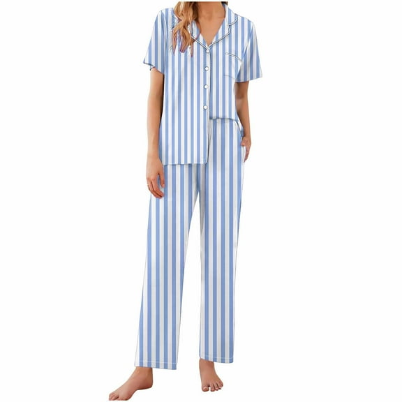 Uaswgudfs Women's Pajamas Sets 2 piece Stripe PJs Collared Casual Short Sleeve Sleepwear Comfy Pants Loungewear with Pocket