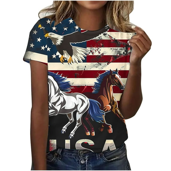 Uaswgudfs ​Women's Patriotic American Eagle & Horse Graphic T-Shirt with US Flag & USA Lettering - 4th of July Independence Day Casual Shirts Multicolor L