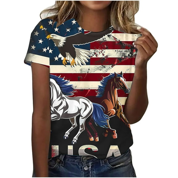 Uaswgudfs ​Women's Patriotic American Eagle & Horse Graphic T-Shirt with US Flag & USA Lettering - 4th of July Independence Day Casual Shirts Multicolor L