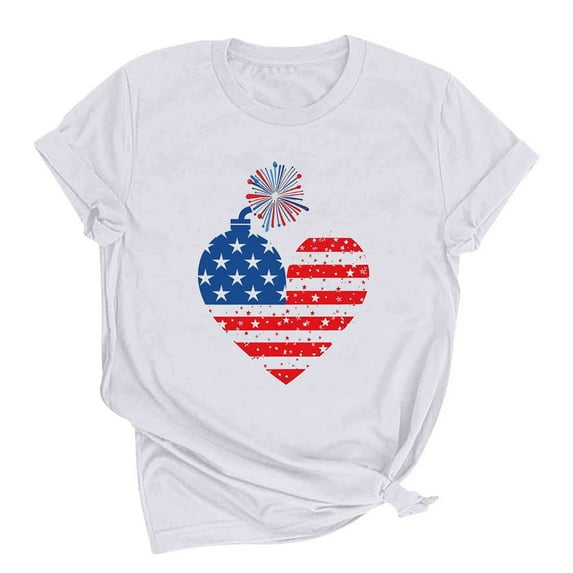 Uaswgudfs Women's Patriotic Heart & Fireworks Graphic T-Shirt - Independence Day US Flag Themed Casual Shirts & Tops White XXL