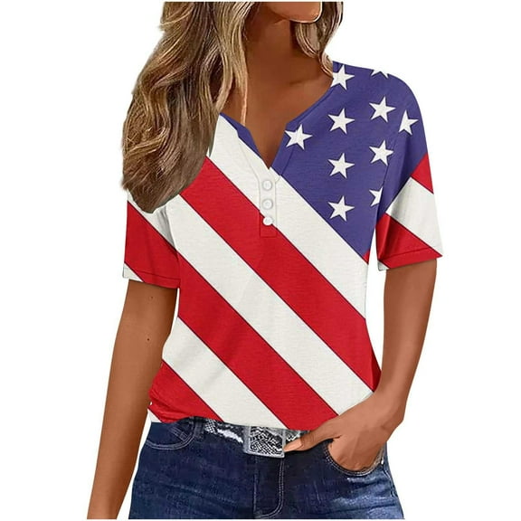 Uaswgudfs Women's Patriotic Star-Spangled US Flag Button-Up Top - 4th of July Independence Day Casual Tops Multicolor XXL