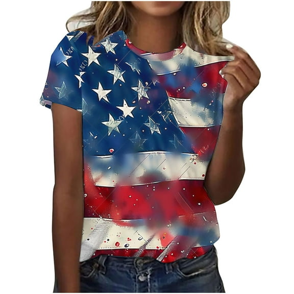 Uaswgudfs Women's Patriotic Star & Striped US Flag Graphic Short Sleeve Top for 4th of July Independence Day Tops Multicolor XXXXXL
