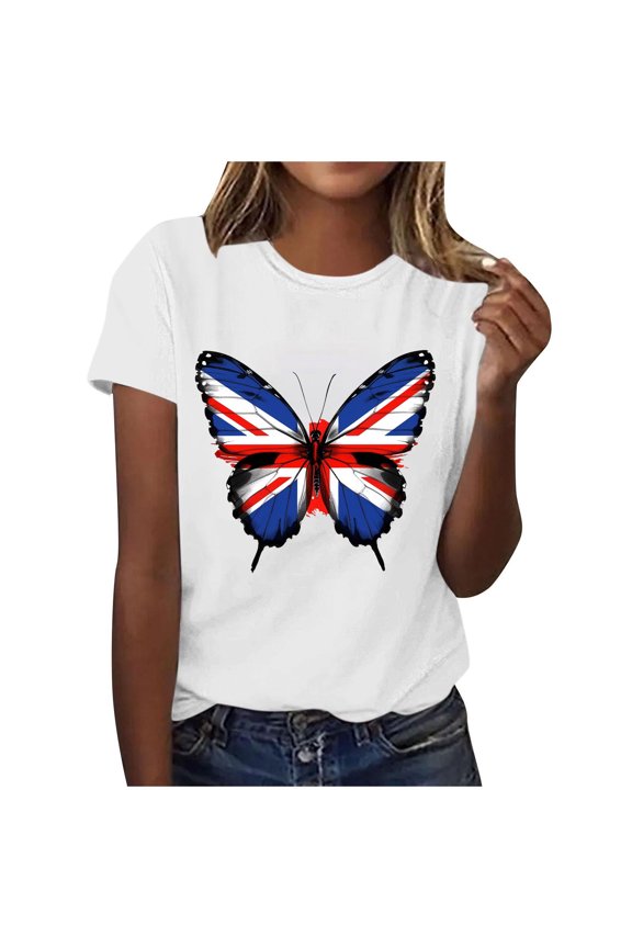 Women's Patriotic US Flag Butterfly Wing Graphic Top - Independence Day Round Neck Casual Tops​ White XXXL