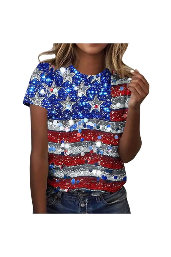 ​Women's Patriotic US Flag Glitter Star-Stripe Tee - Independence Day Festival Crew Neck Tops Multicolor M