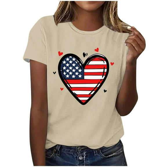Uaswgudfs Women's Patriotic US Flag Heart Graphic Tee - 4th of July Casual Shirts & Tops​ Beige XXXL