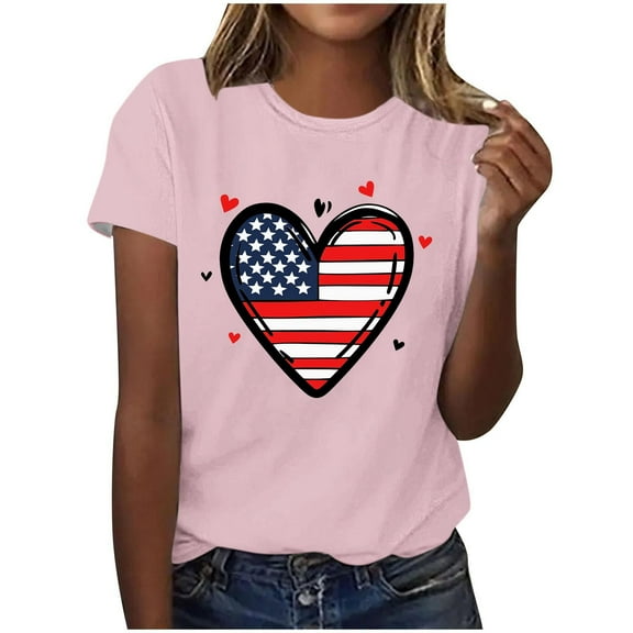 Uaswgudfs Women's Patriotic US Flag Heart Graphic Tee - 4th of July Casual Shirts & Tops​ Pink M