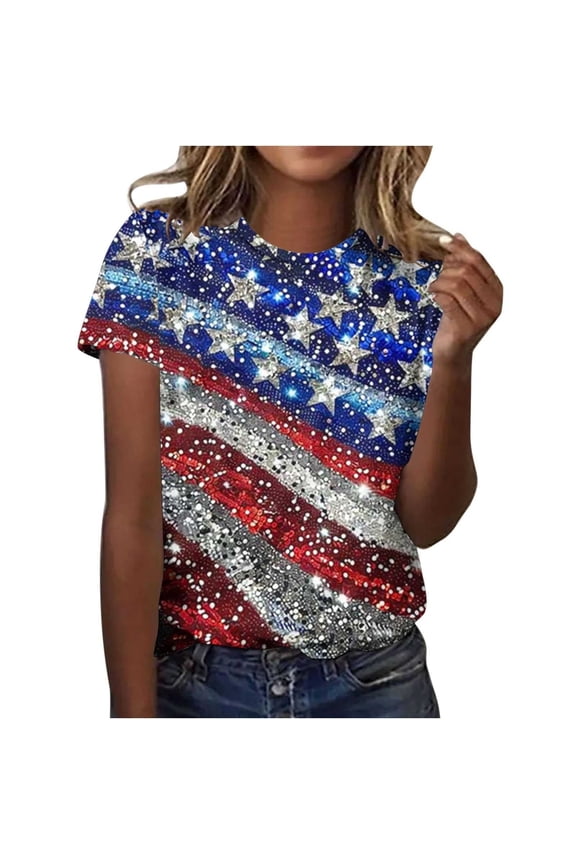 Women's Patriotic US Flag Sequined Star Striped T-Shirt - 4th of July Glamorous Tops & Shirts Multicolor L