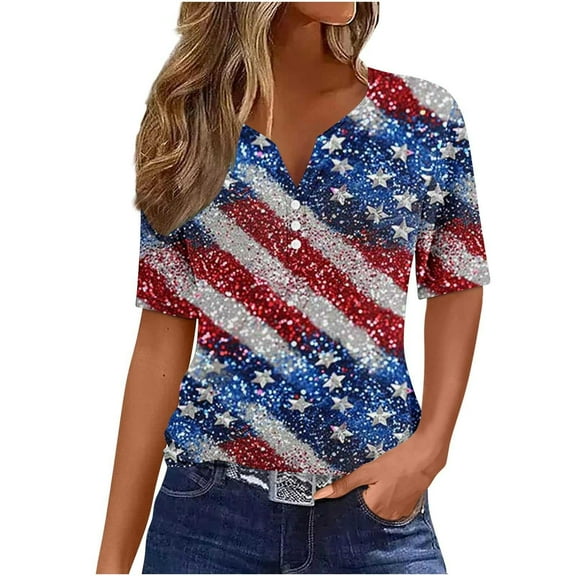Uaswgudfs ​Women's Patriotic US Flag Sequined V-Neck T-Shirt - 4th of July Glamorous Star Accent Tops Multicolor XXL