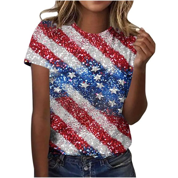 Uaswgudfs Women's Patriotic US Flag Stars & Stripes Graphic Top - Independence Day 4th of July Casual Tops​ Multicolor XL