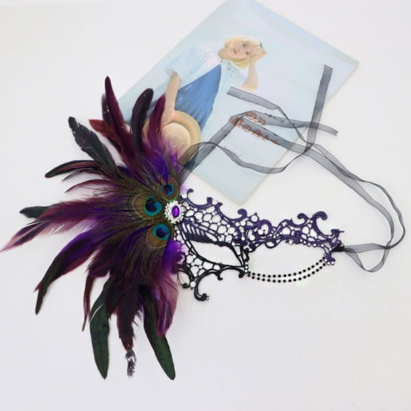 Uaswgudfs Women's Peacock Feather Lace Masquerade Mask, Rhinestone & Feather Detail, for Costume Party Mardi Gras & Fancy Dress