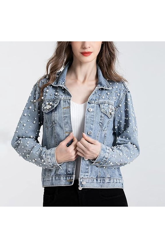 Women's Pearl Rhinestone Denim Jacket, Cropped Long Sleeve Jean Coat, Nylon Spandex Blend Embellished Casual Outerwear for Women Blue L