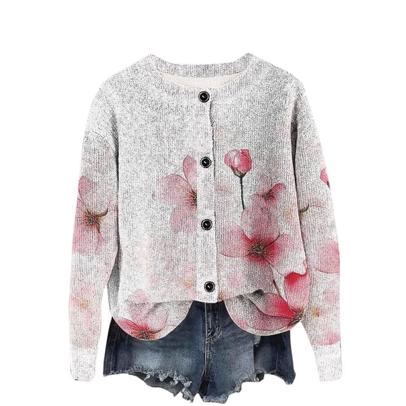 Uaswgudfs Women's Pink Floral Printed Knit Cardigan, Long Sleeve Button-Front Crew Neck Casual Fashion Outerwear - Spring Summer Trendy Sweater Pink S