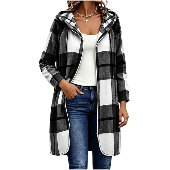 Uaswgudfs Women's Plaid Hooded Long Coat Zip Up Flannel Jacket Casual Loose Outerwear for Fall Winter Daily Wear