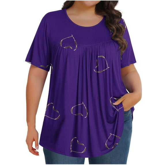 Uaswgudfs Women's Plus Size Breathable Blouse Top with Heart Print - Smocked Detail Short Sleeve Shirt for Romantic Casual Looks