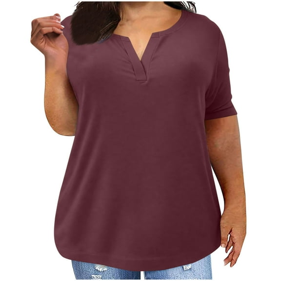Uaswgudfs Women's Plus-Size Casual V-Neck Short Sleeve Blouse​ - Slit Detail & Lightweight Fabric for Trendy Summer Tops Comfort