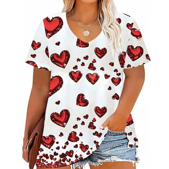 Uaswgudfs Women's Plus Size Casual V-Neck Short Sleeve Top - Valentine's Day Heart Printed Graphic Tee, Trendy Plus Size Casual T-Shirt Red 2XL