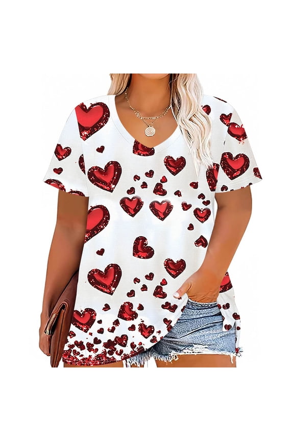 Women's Plus Size Casual V-Neck Short Sleeve Top - Valentine's Day Heart Printed Graphic Tee, Trendy Plus Size Casual T-Shirt Red 2XL