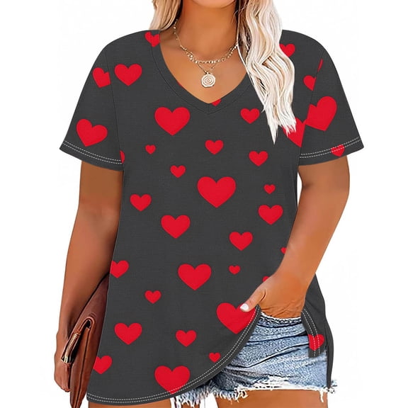 Uaswgudfs Women's Plus Size Casual V-Neck Short Sleeve Top - Valentine's Day Heart Printed Graphic Tee, Trendy Plus Size Casual T-Shirt Red 3XL