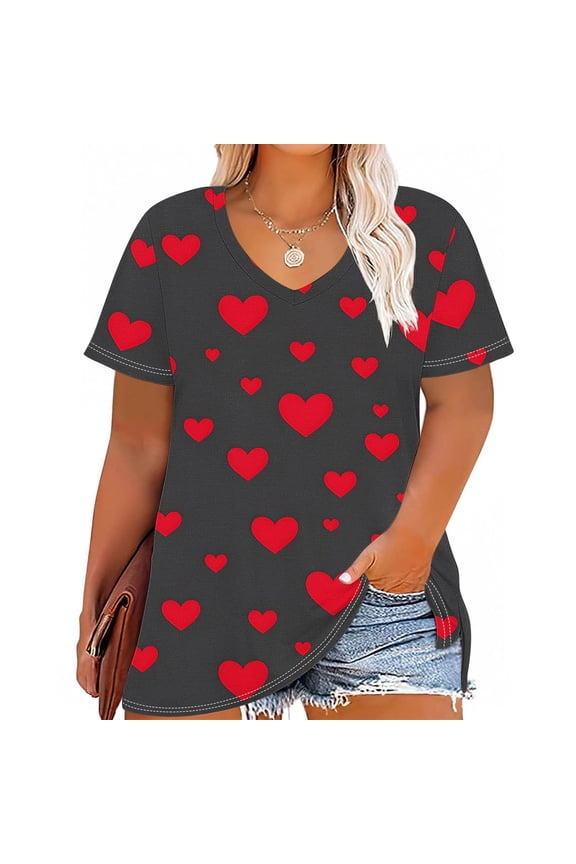 Women's Plus Size Casual V-Neck Short Sleeve Top - Valentine's Day Heart Printed Graphic Tee, Trendy Plus Size Casual T-Shirt Red 4XL