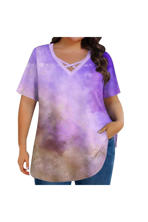 Women's Plus Size Casual V Neck Tie Dye Tee, Loose Cross Strap, Breathable Stretchy Purple 4XL