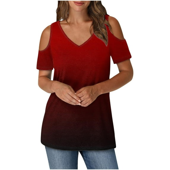 Uaswgudfs Women's Plus Size Cold Shoulder V-Neck Tee & Blouse Tops | Short Sleeve Casual Summer Tunic T-Shirt