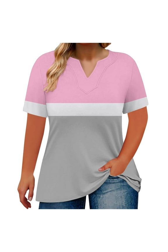 Women's Plus Size Color-Block & Solid V-Neck Blouse Tee – Casual Short Sleeve Spring/Summer Top for Everyday Wear