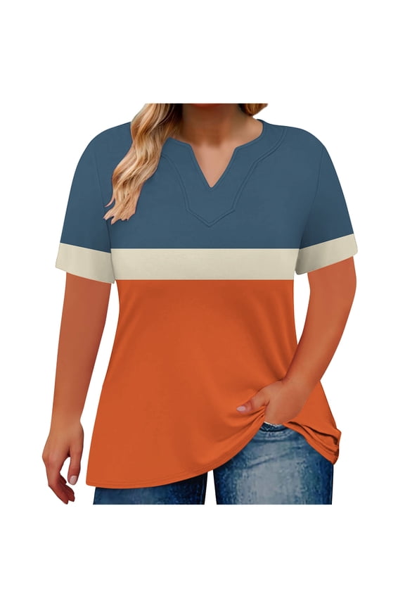 Women's Plus Size Color-Block & Solid V-Neck Blouse Tee – Casual Short Sleeve Spring/Summer Top for Everyday Wear